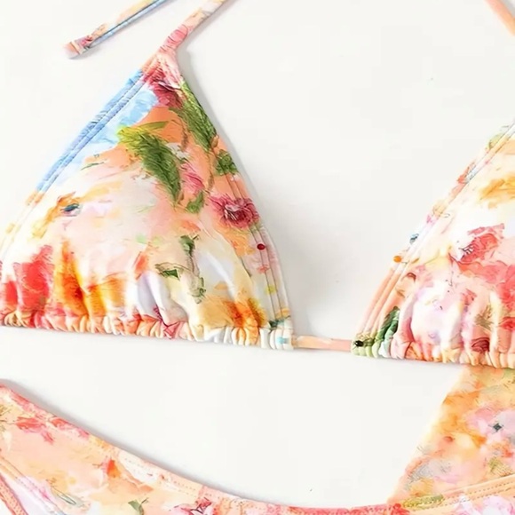 4 Piece Floral Halter Top Bikini Set with Sheer Cover Up & Ruffled Skirt - Picture 3 of 12